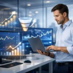 CFD forex SEO analytics growth dashboard showing organic traffic trends, conversion funnel and trading performance.