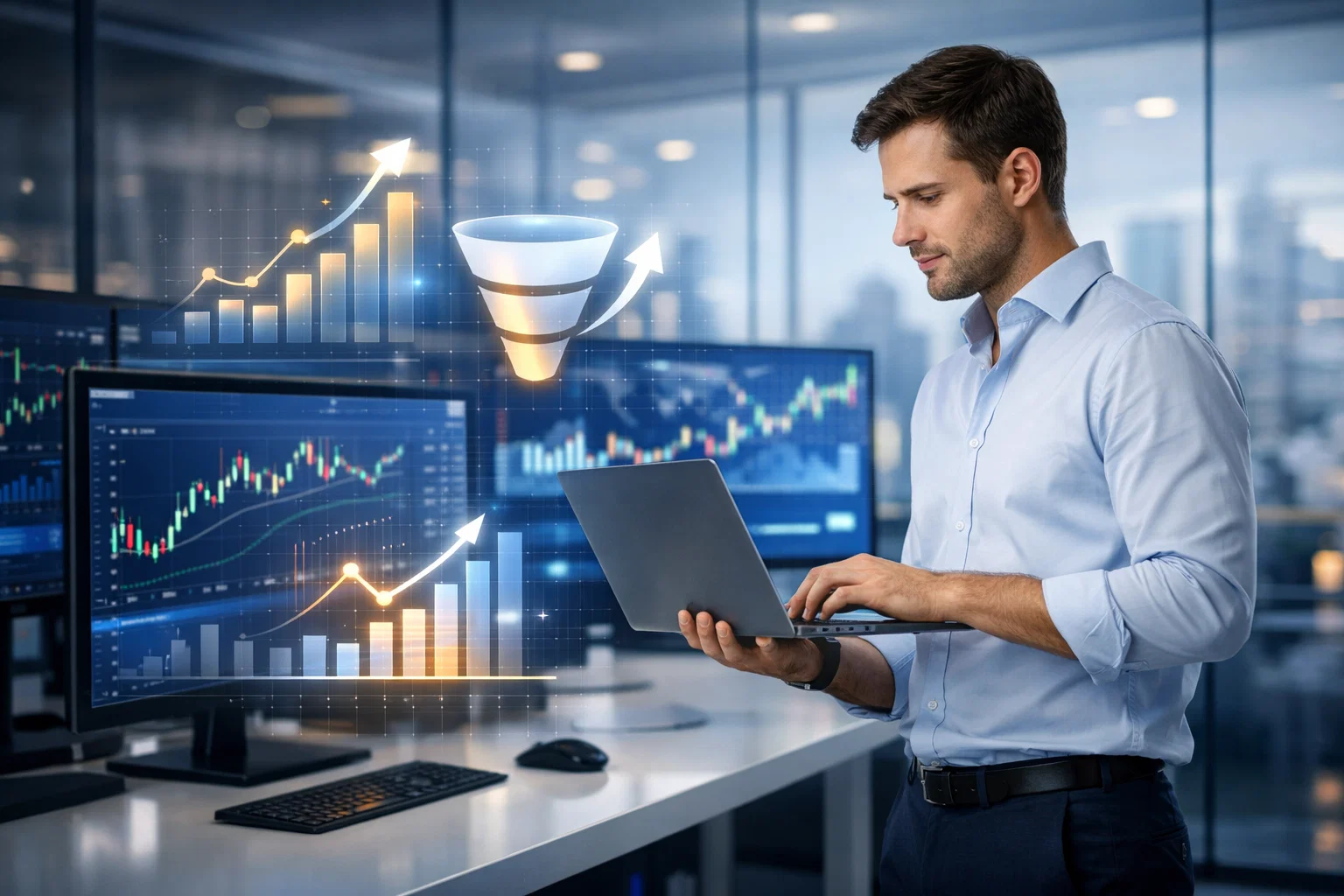 CFD forex SEO analytics growth dashboard showing organic traffic trends, conversion funnel and trading performance.