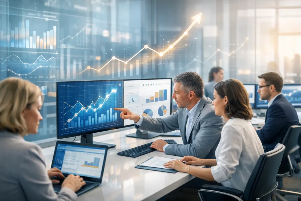 Financial performance growth analysis team discussing data charts and business metrics in a modern office.
