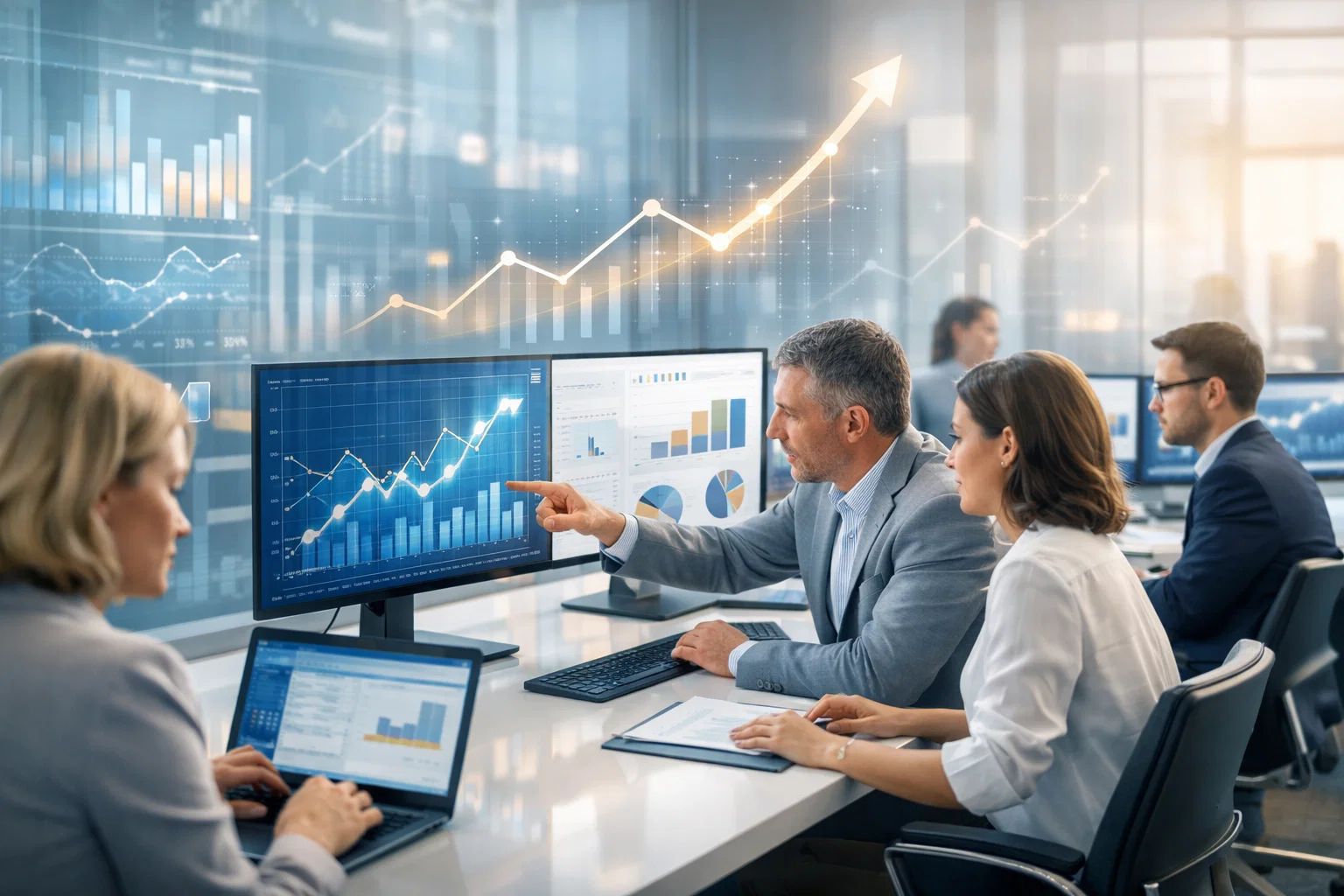 Financial performance growth analysis team discussing data charts and business metrics in a modern office.