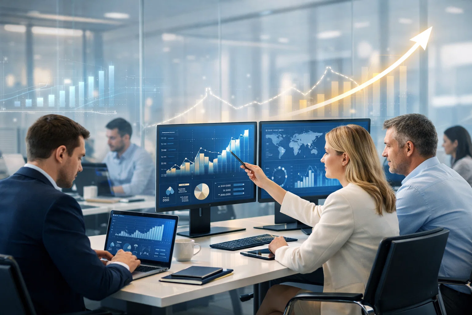 SEO agency team analyzing growth analytics and performance metrics during a strategy meeting.