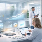 Healthcare professional reviewing data trends on digital displays in a healthcare office.