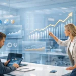 Team analyzing business growth and performance data using interactive dashboards in the office.