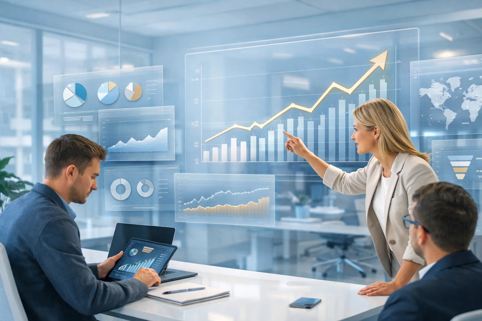 Team analyzing business growth and performance data using interactive dashboards in the office.