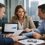 Web studio promotion dashboard meeting with a team reviewing performance reports.