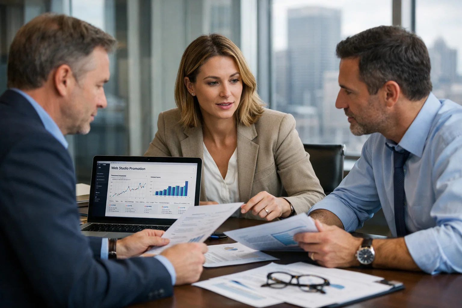 Web studio promotion dashboard meeting with a team reviewing performance reports.
